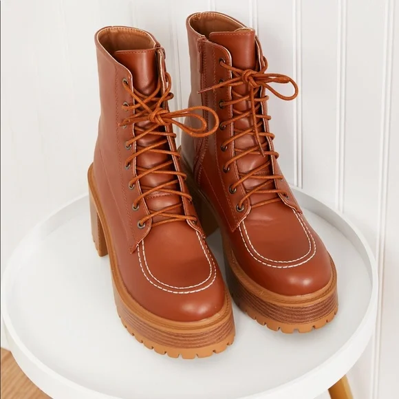 Lace Up Tan Platform Fall Boots - Picture 4 of 9